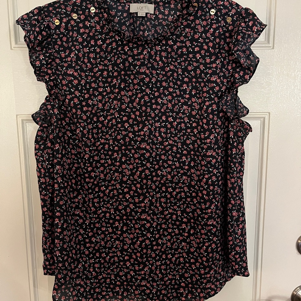 LOFT navy blue and Pink Floral Blouse with Ruffles